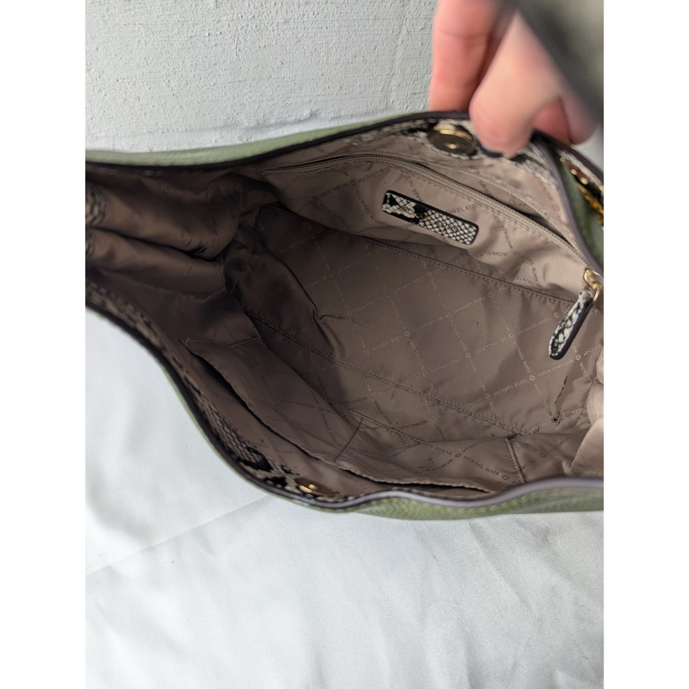 Michael Kors Joan Slouchy Shoulder Hobo Bag Mk Signature Green With Snake Accent - Picture 12 of 15
